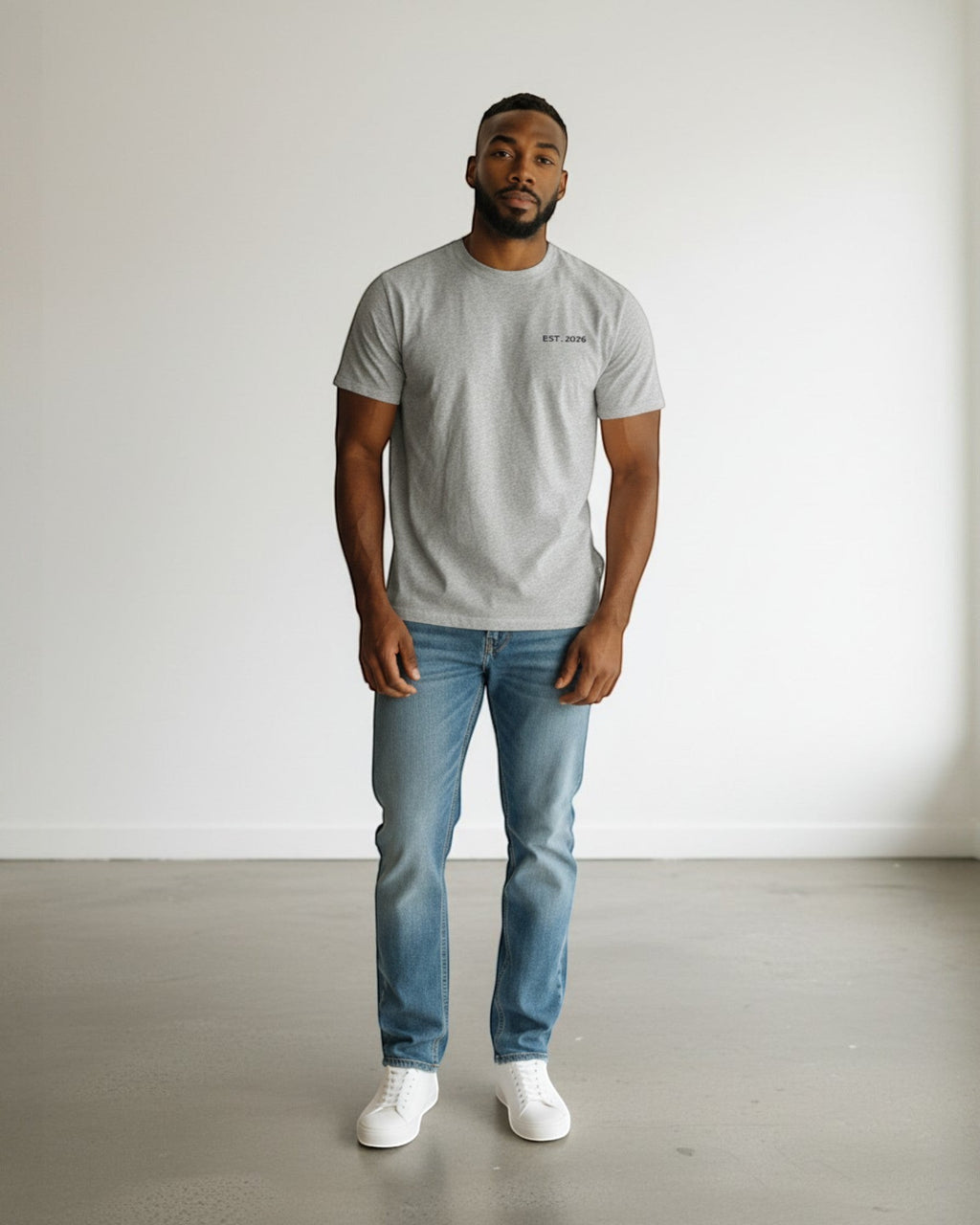FALLR wear grey 100% cotton oversized t-shirt with minimalist 'EST. 2026' graphic print on chest.