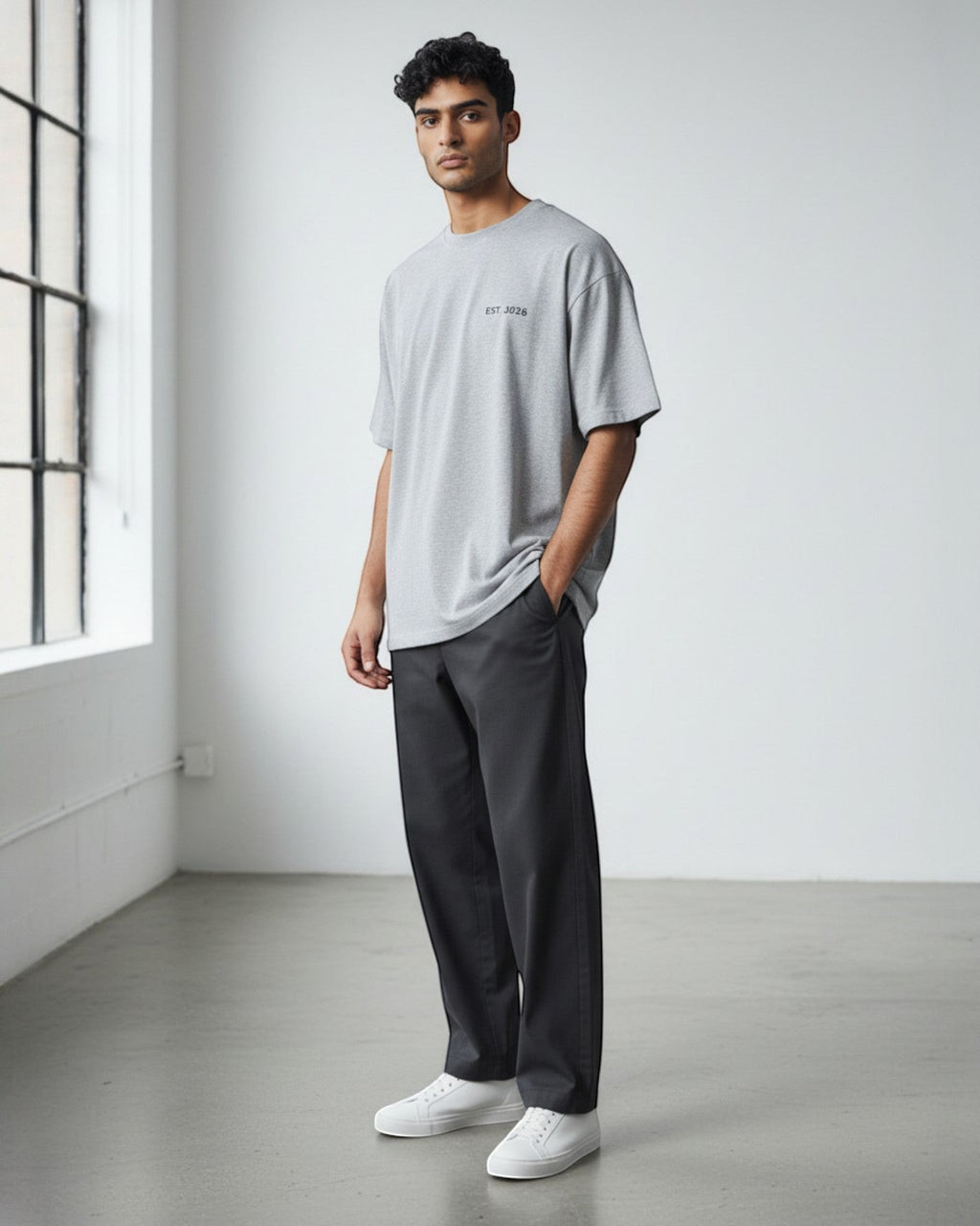 FALLR wear grey 100% cotton oversized unisex t-shirt with minimal 'EST. 2026' graphic print.