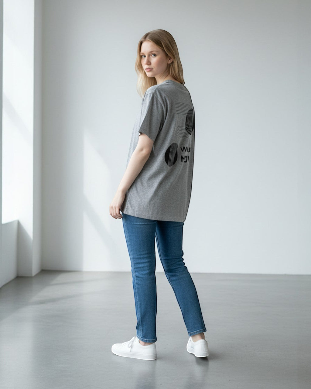 FALLR wear grey 100% cotton t-shirt with a minimalist graphic print on the back.