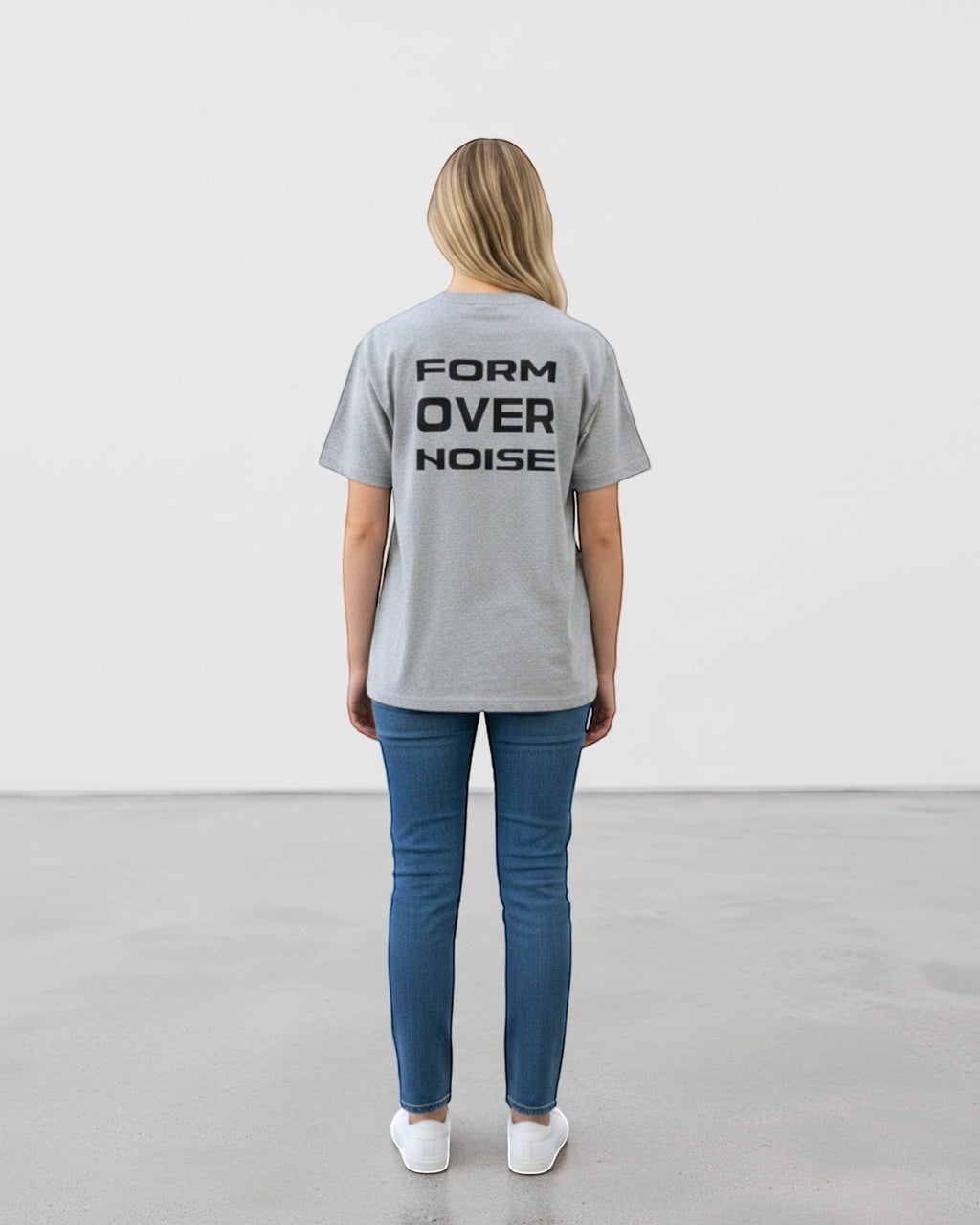 FALLR wear grey 100% cotton oversized t-shirt with black 'FORM OVER NOISE' graphic print on back.