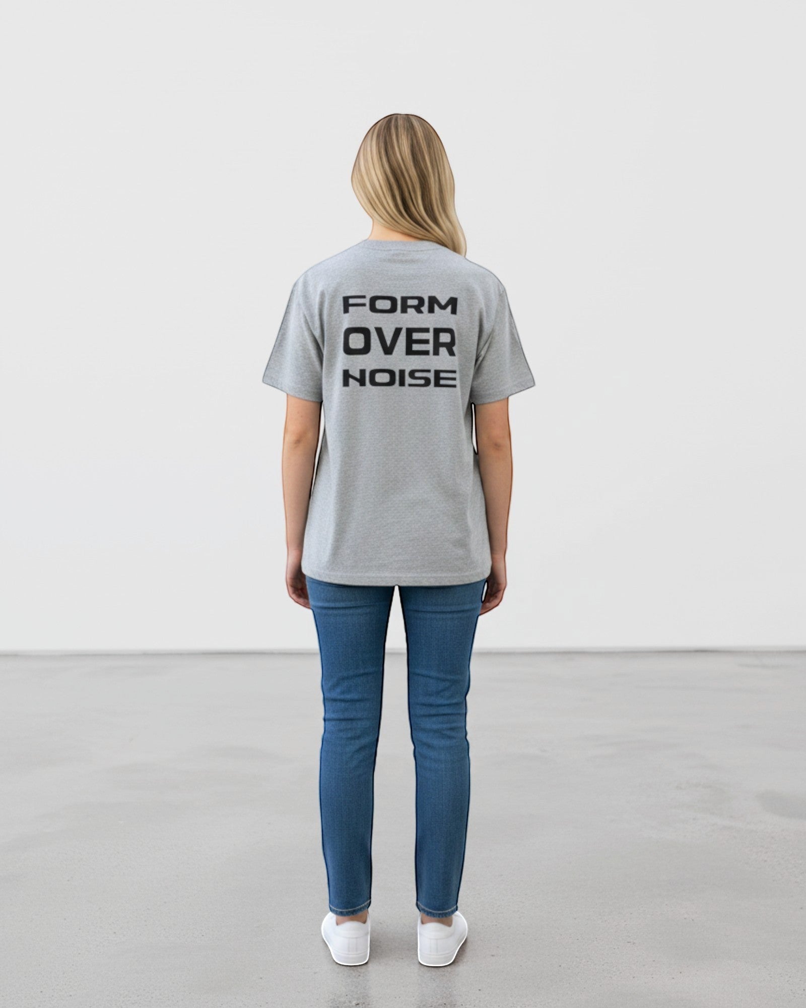 FALLR wear grey 100% cotton oversized t-shirt with black 'FORM OVER NOISE' graphic print on back.
