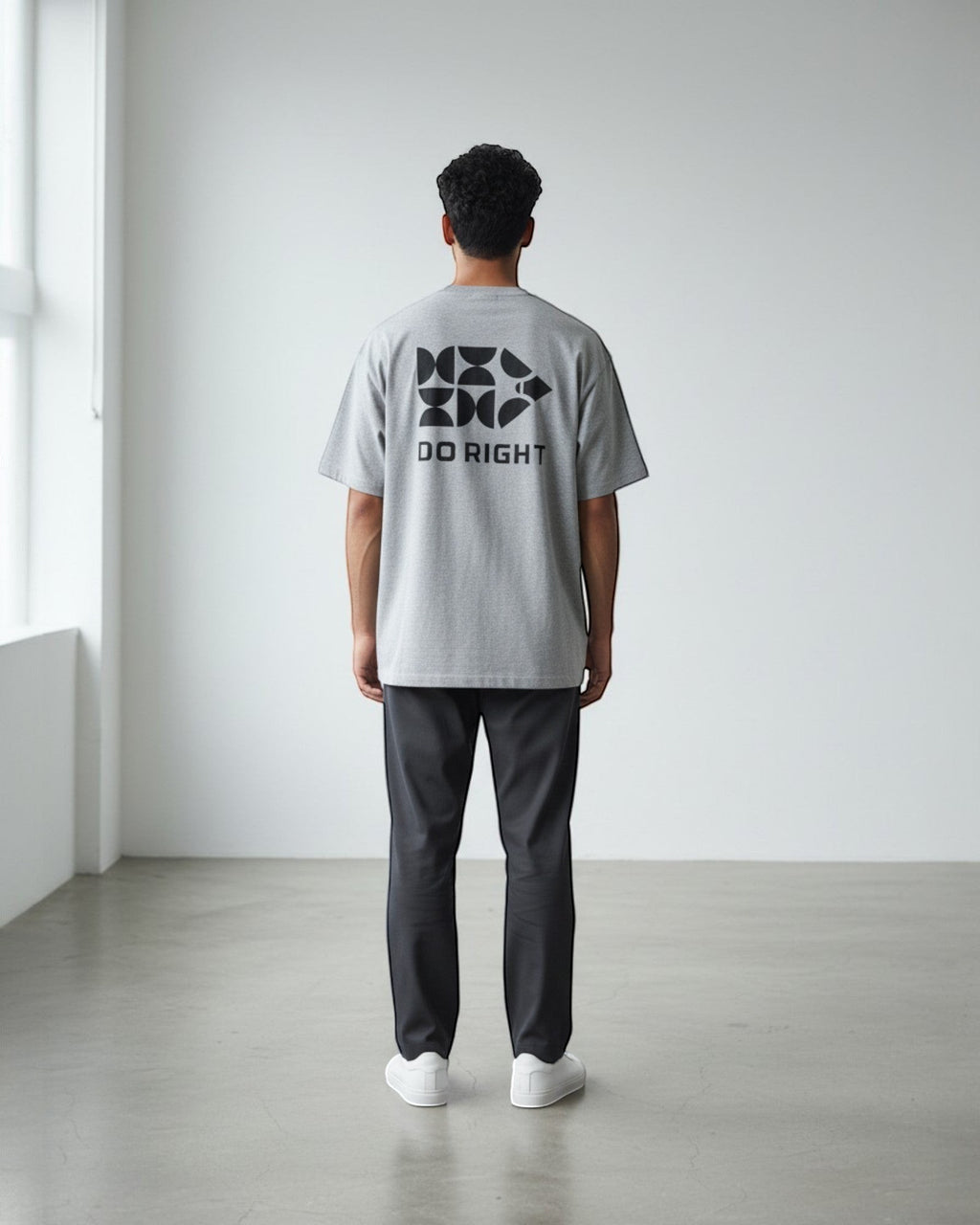 FALLR wear grey 100% cotton oversized t-shirt with black 'DO RIGHT' graphic print on back.