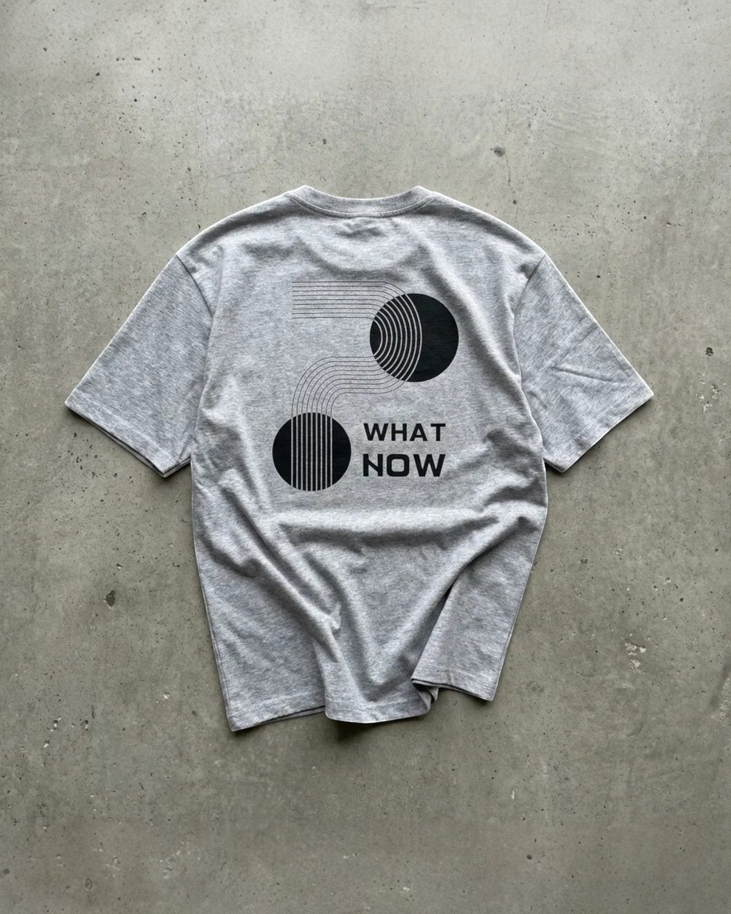 FALLR wear grey 100% cotton graphic t-shirt with black "What Now" text and abstract circular design.