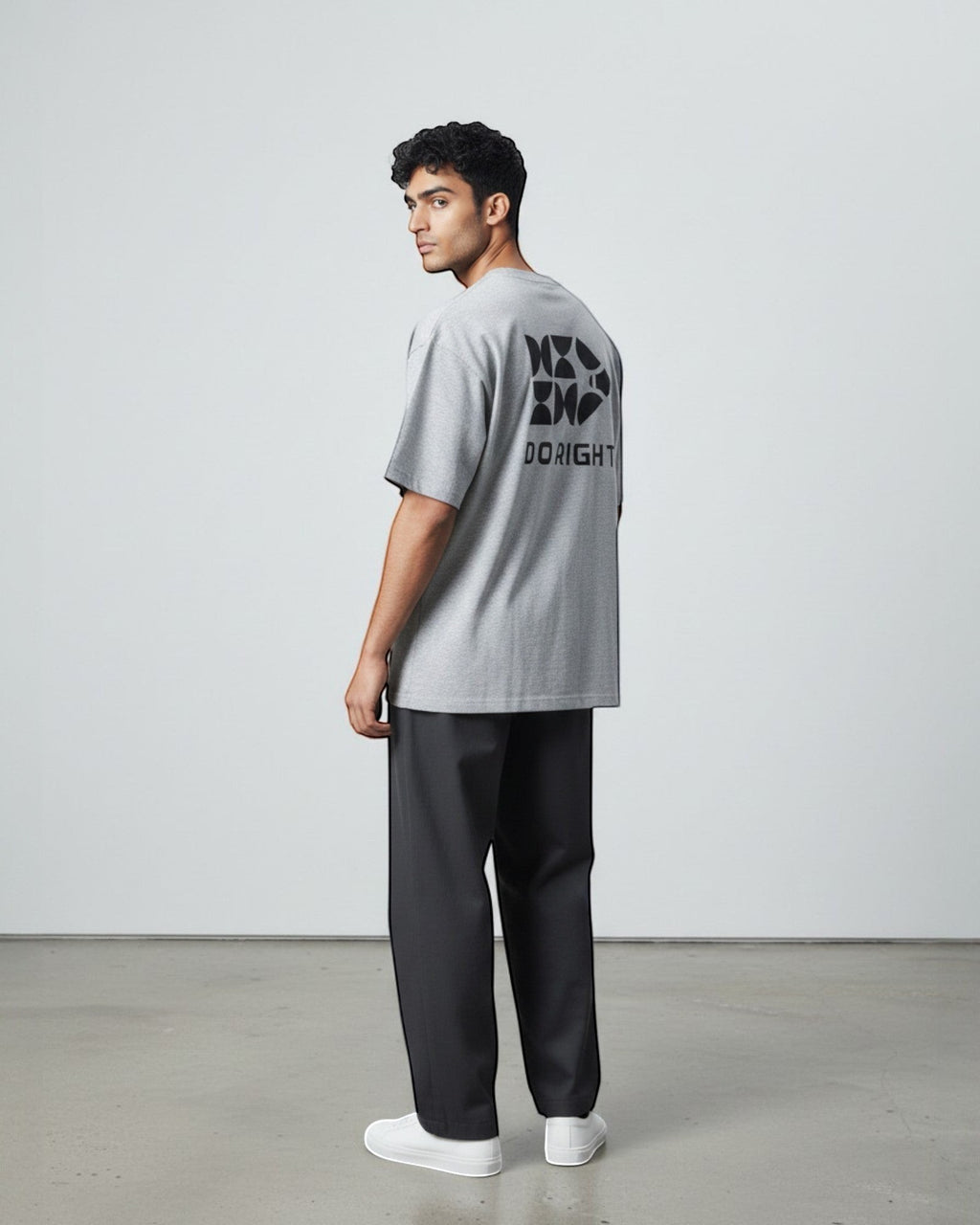 FALLR wear grey 100% cotton oversized t-shirt with black 'DO RIGHT' graphic print on back.