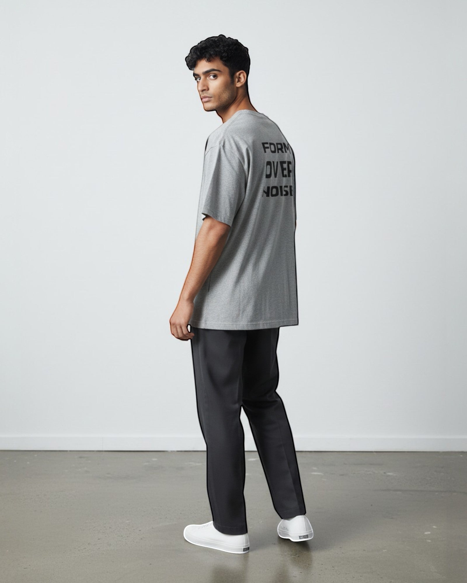 FALLR wear grey 100% cotton oversized t-shirt with black 'FORM OVER NOISE' graphic print on back.