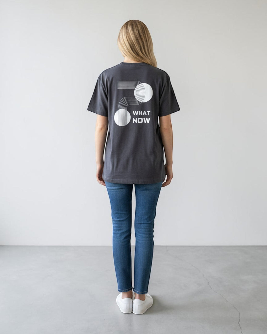 FALLR wear dark grey 100% cotton oversized t-shirt with abstract white graphic print and "What Now" text.
