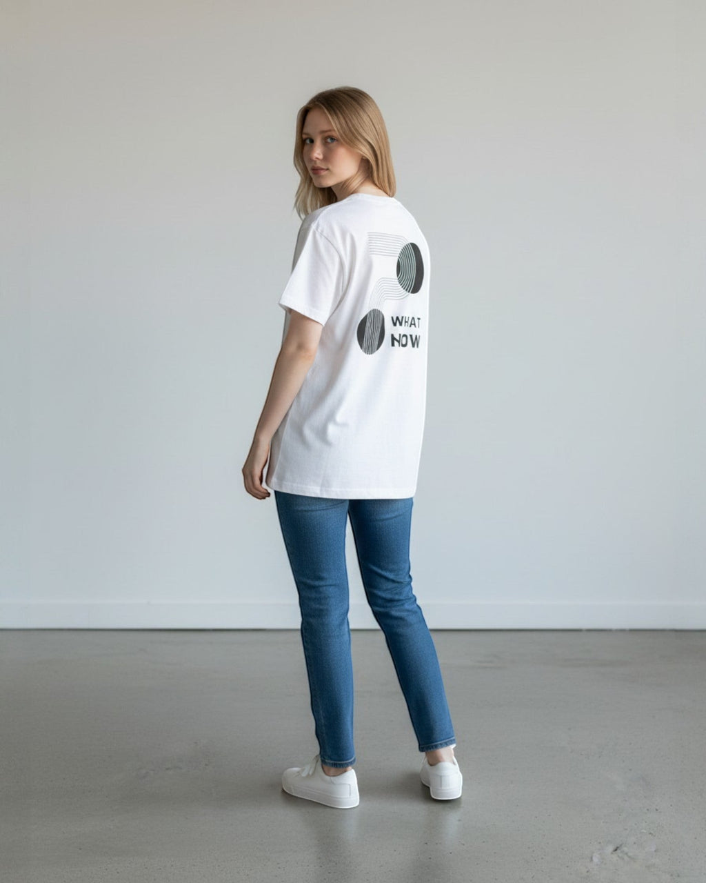 FALLR wear white 100% cotton oversized t-shirt with abstract geometric print and "What Now" text on back.