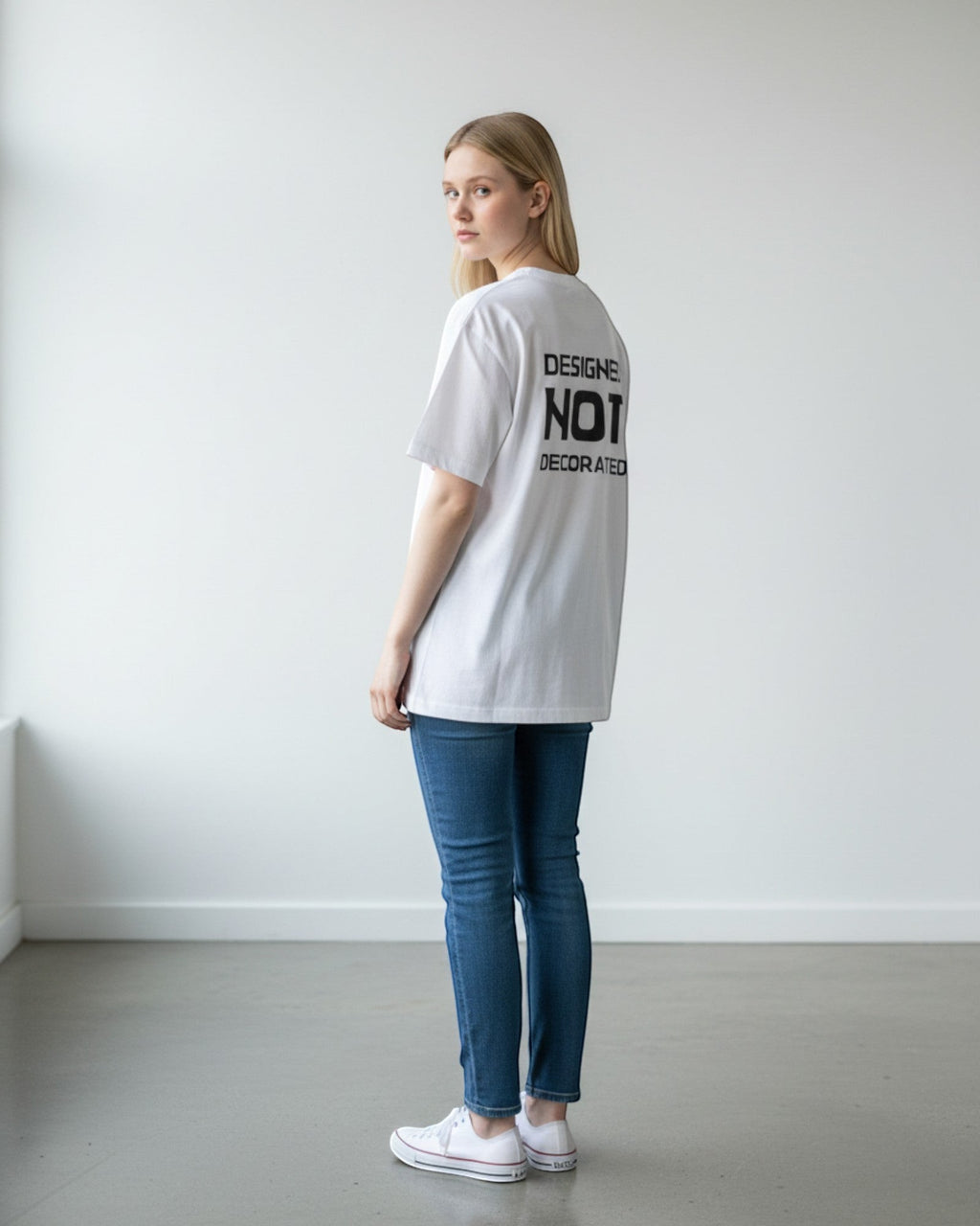 FALLR wear white 100% cotton unisex oversized t-shirt with black text graphic on back.