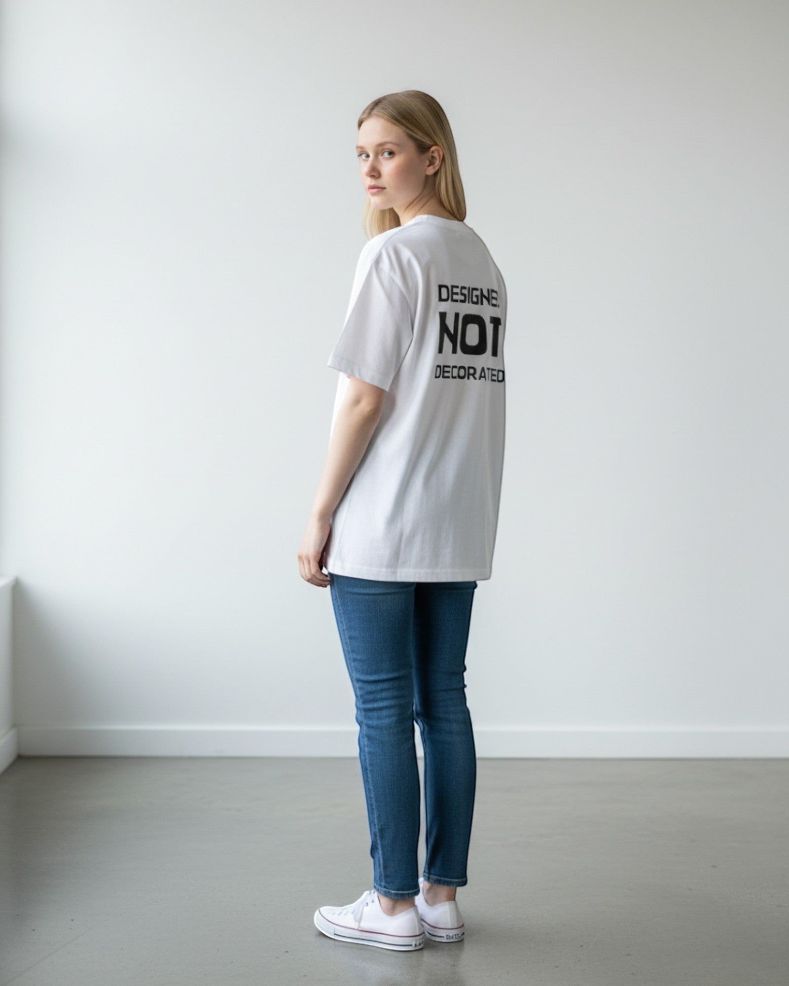 FALLR wear white 100% cotton unisex oversized t-shirt with black text graphic on back.