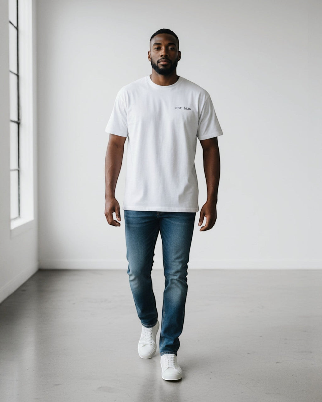FALLR wear white 100% cotton unisex oversized tee with minimal 'EST. 2026' graphic print.