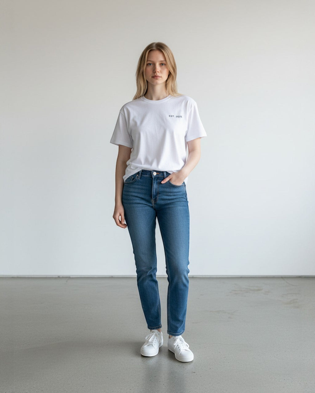 FALLR wear white 100% cotton unisex oversized t-shirt with minimal blue graphic print on chest.