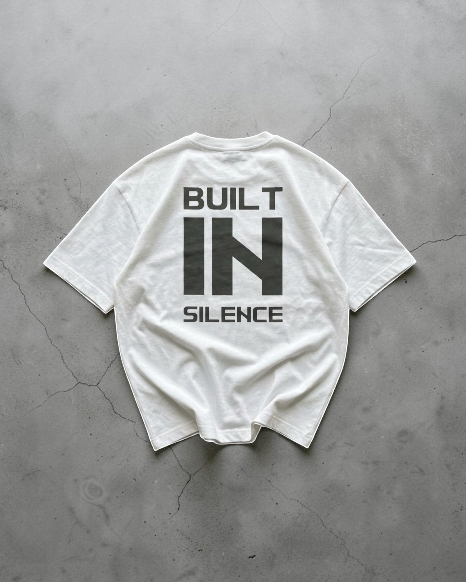 FALLR wear white 100% cotton oversized graphic t-shirt with "BUILT IN SILENCE" print on back