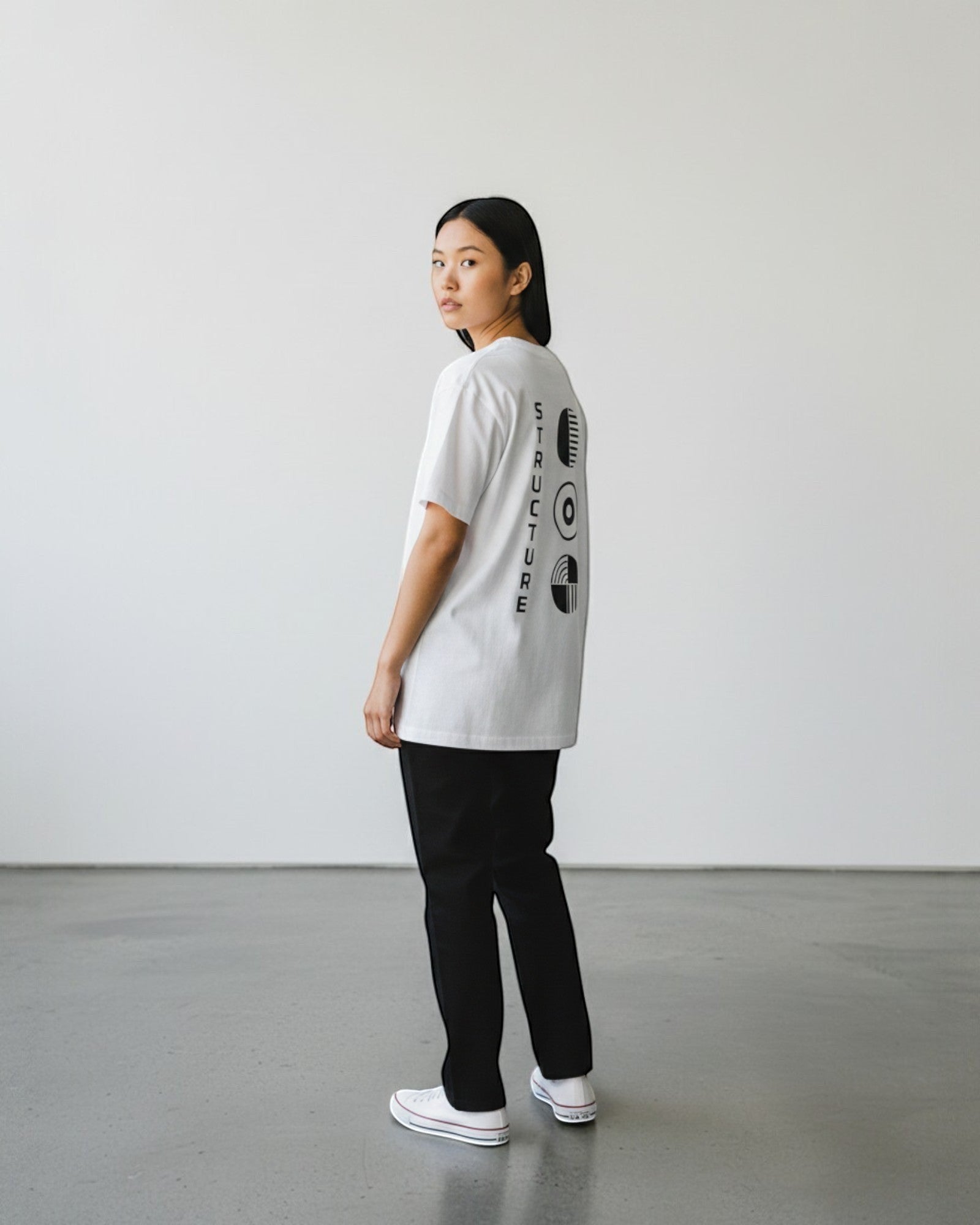 FALLR wear white 100% cotton oversized tee with black graphic print on back. Unisex streetwear.