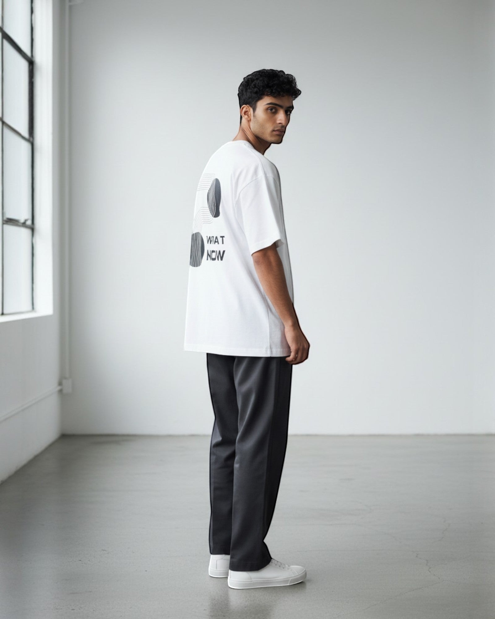 FALLR wear white 100% cotton t-shirt with abstract graphic print and "What Now" text on back, relaxed fit.
