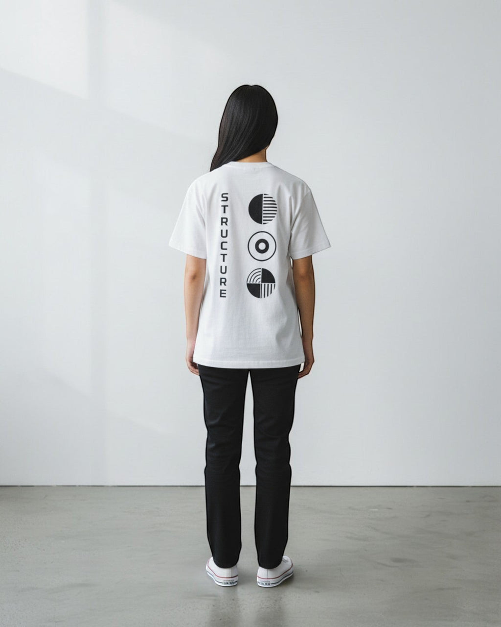 FALLR wear white 100% cotton unisex oversized tee with black graphic print on back.