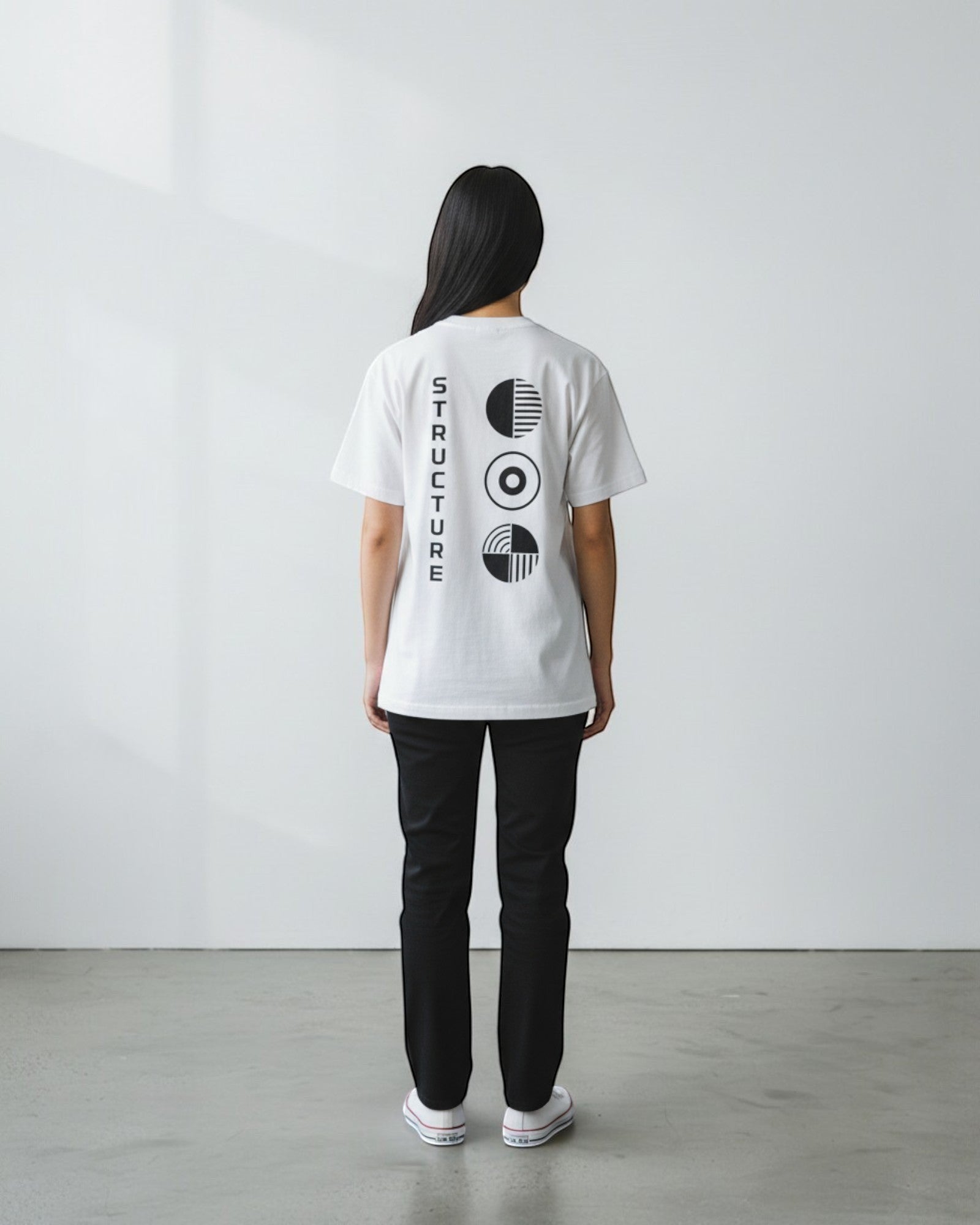 FALLR wear white 100% cotton unisex oversized tee with black graphic print on back.