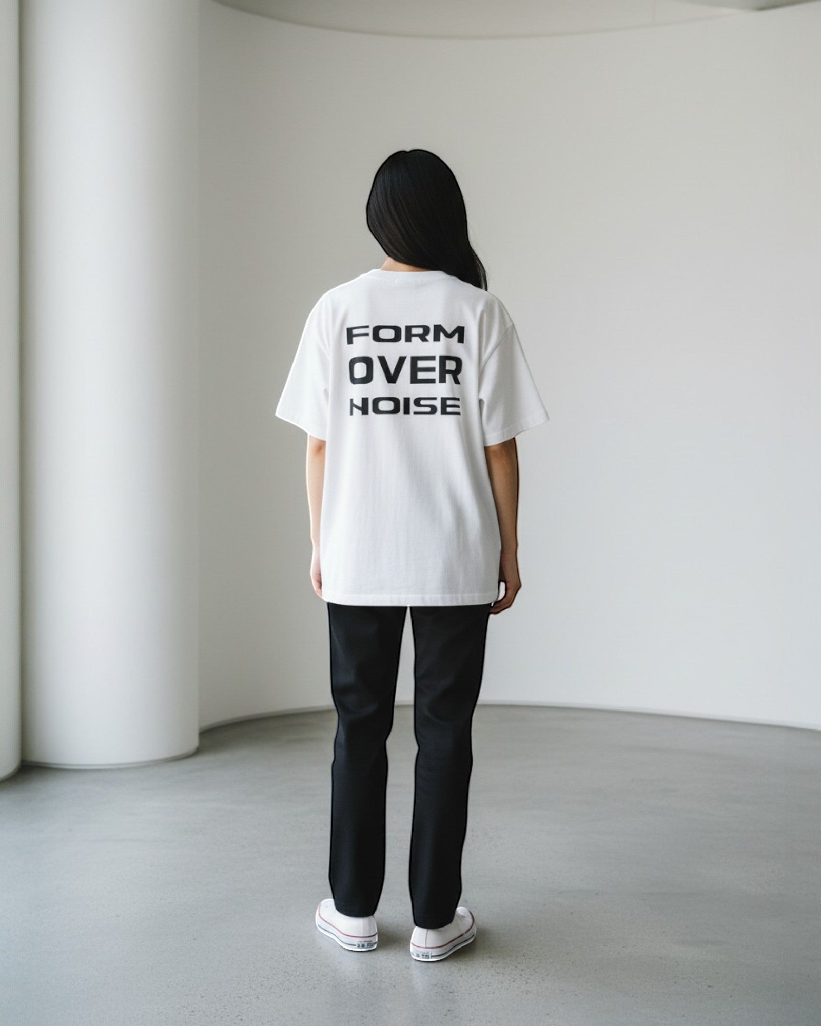 FALLR wear white 100% cotton t-shirt with black 'FORM OVER NOISE' graphic print on back, relaxed fit, unisex streetwear.