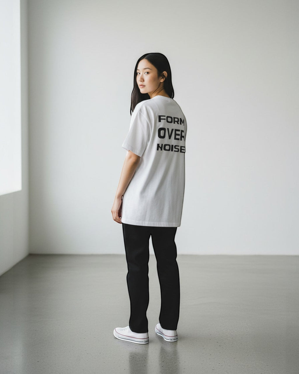 FALLR wear white 100% cotton t-shirt with black 'FORM OVER NOISE' graphic print on back, relaxed fit, unisex streetwear.