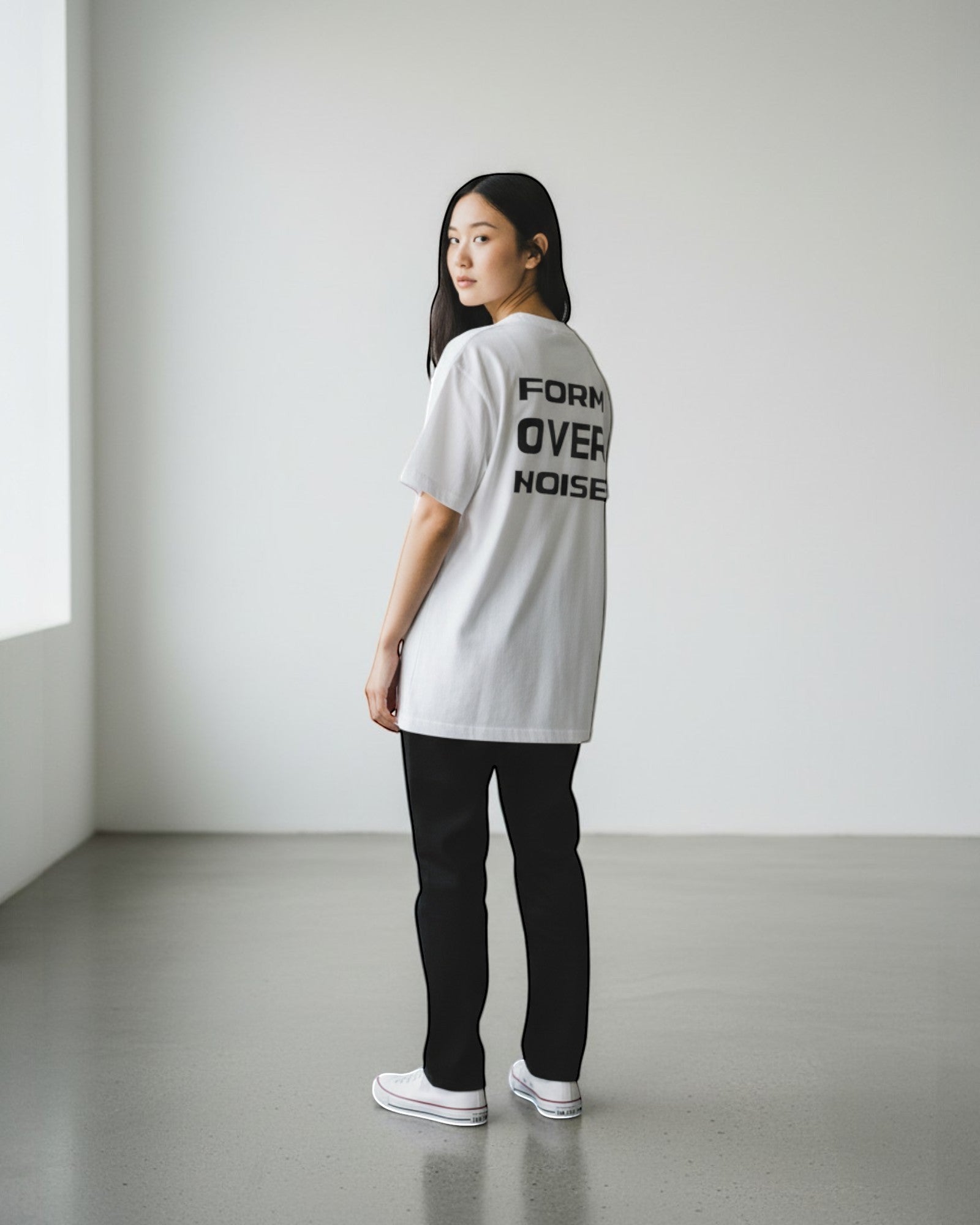 FALLR wear white 100% cotton t-shirt with black 'FORM OVER NOISE' graphic print on back, relaxed fit, unisex streetwear.